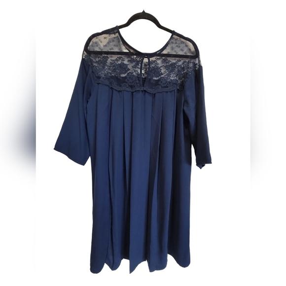 ZARA BASIC XL Navy Blue Lace Boxy Midi Lined Dress and Back Keyhole - Picture 3 of 7